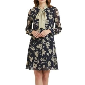 Alexa Amor Floral Tie Neck Dress Women's Medium Navy Long Sleeve Ruffle